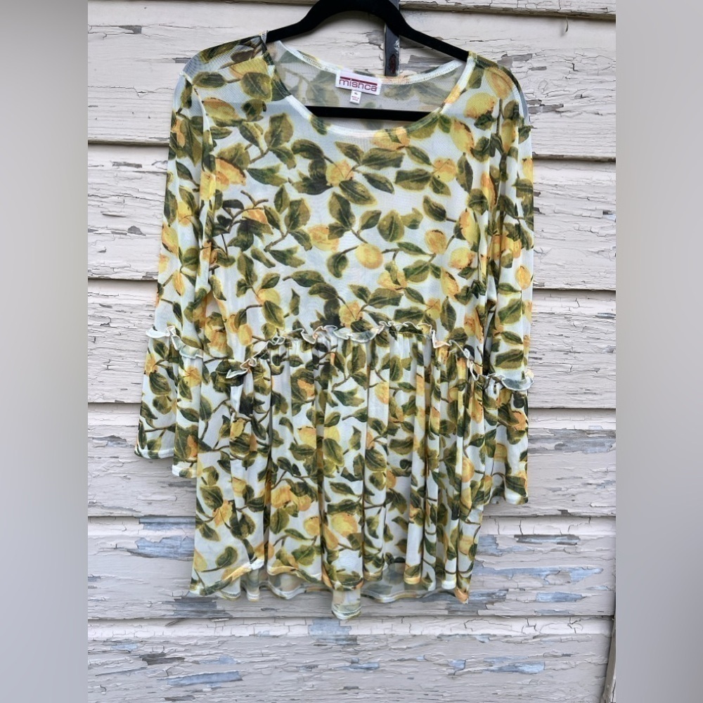 Mishca Lemons Tropical Spring Mesh Sheer Babydoll Blouse Top XL